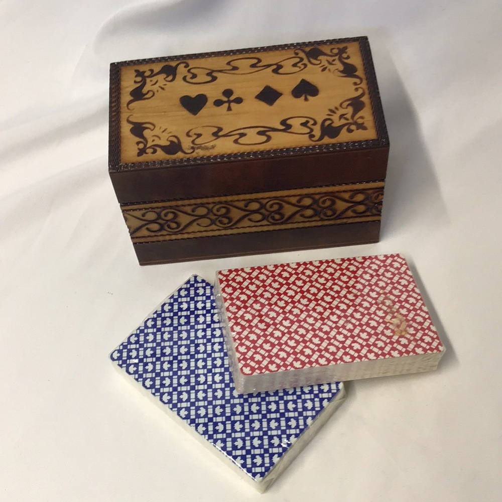 Decorative Wooden Card Box with Playing Cards vintage